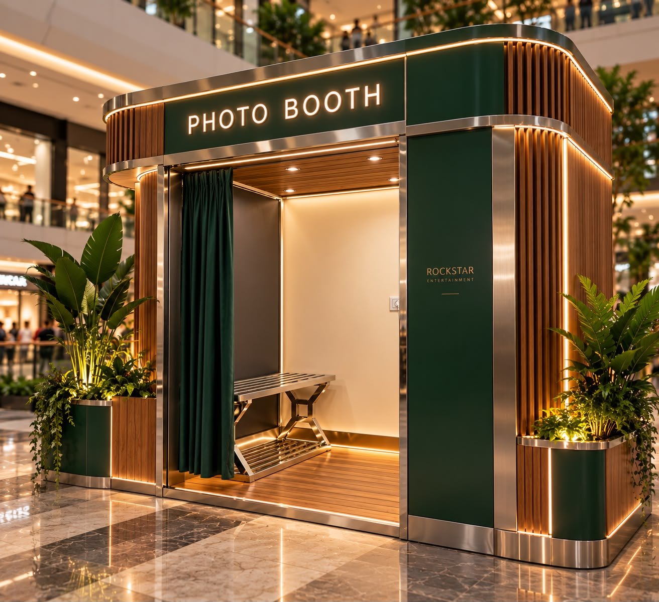 Photobooth with deep green panels, wood slats and a green curtain in a shopping mall
